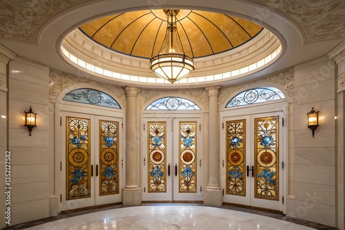 An architectural interior shot of a grand entranceway, featuring double white doors with oval stained glass panels, flanked by matching stained glass sidelights, under a circular recessed ceiling wit photo