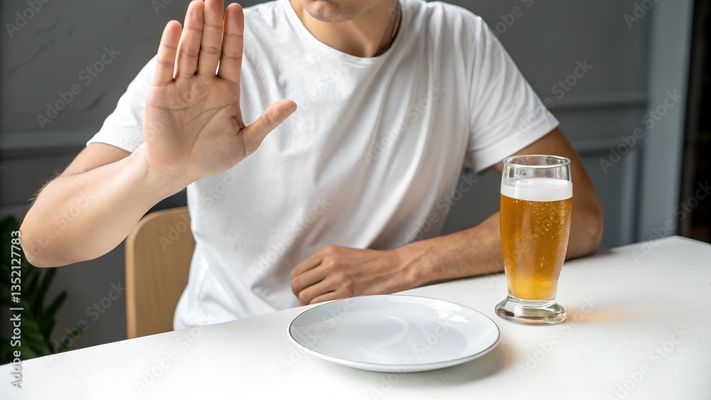 Man in white t-shirt showing stop gesture in front of a glass of beer. Concept of alcohol refusal, sober lifestyle, and healthy choices. Focus on self-control and addiction awareness. Man in white t-shirt showing stop gesture in front of a glass of beer. Concept of alcohol refusal, sober lifestyle, and healthy choices. Focus on self-control and addiction awareness.