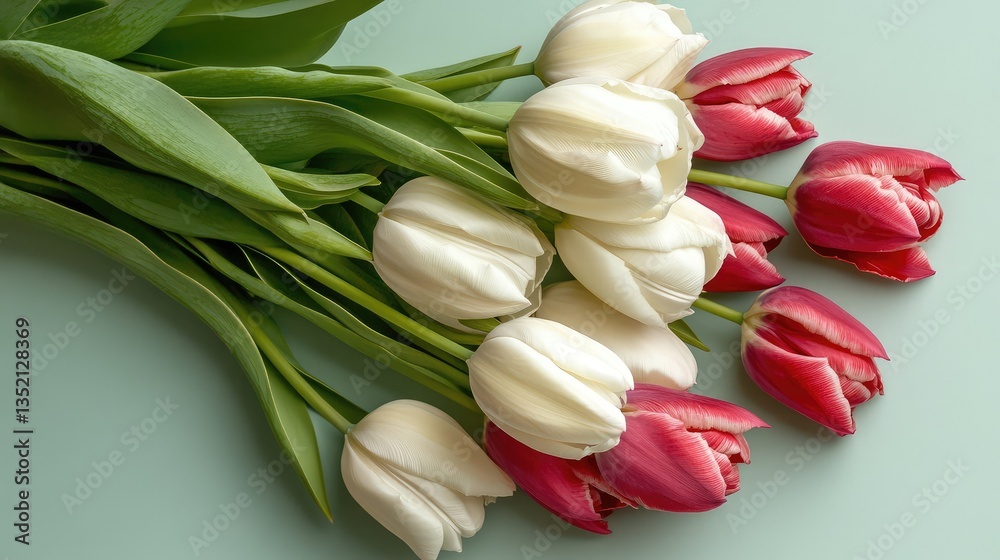 Obraz premium A Vibrant Arrangement of Red and White Tulips with Green Leaves on a Soft Green Background for Spring and Floral Inspired Designs