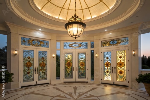 An architectural interior shot of a grand entranceway, featuring double white doors with oval stained glass panels, flanked by matching stained glass sidelights, under a circular recessed ceiling wit photo