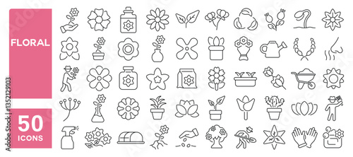 Set of 50 line icons related to floral, flowers, blooming, rose, plant, botany, bouquet, blossom, dandelion, tulip, lotus, cactus, petal, Editable stroke. Vector illustration