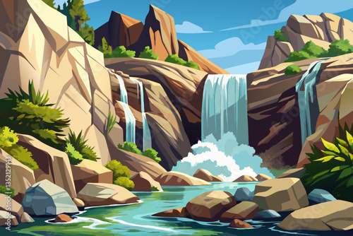 waterfall in tropical rocky island with mountains cartoon