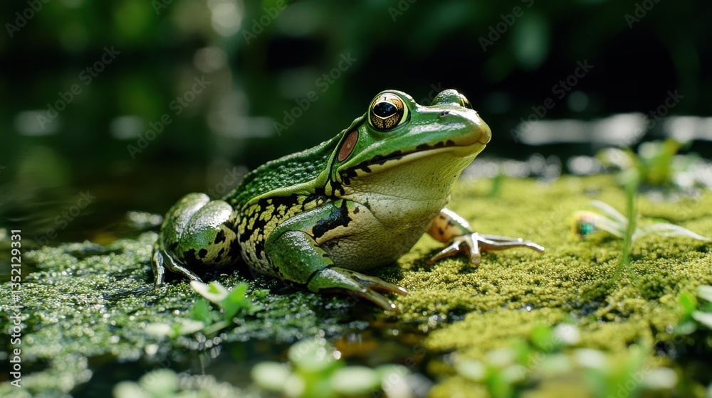 Obraz premium A bullfrog sitting on a riverbank, surrounded by lush green foliage.