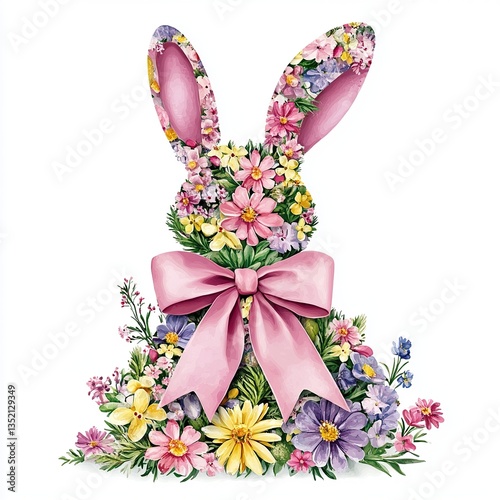 A floral bunny made of colorful flowers and a pink ribbon, perfect for celebrating spring and Easter vibes.