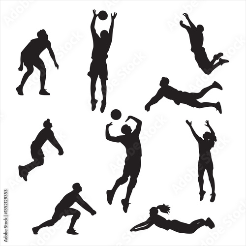 set of vector various volleyball player silhouettes	