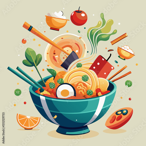 Flying asian food Wok pan or bowl with levitate noodles tossed cook ingredients japanese chinese meal hot noodle vegetable rice pasta oriental cookery neat illustration