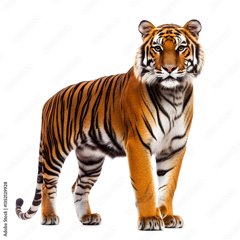 A realistic portrait of a tiger standing in side view, isolated on a white background. A powerful, well-muscled tiger with a striking orange coat, bold black stripes, a broad head, small rounded ears, A realistic portrait of a tiger standing in side view, isolated on a white background. A powerful, well-muscled tiger with a striking orange coat, bold black stripes, a broad head, small rounded ears,