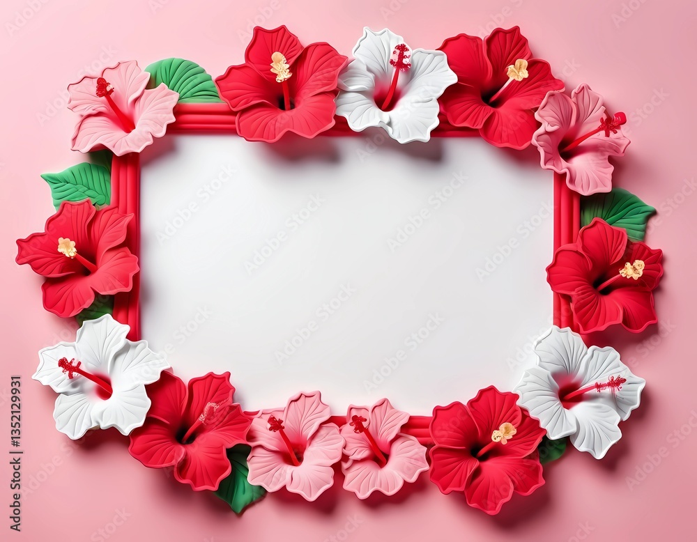 Obraz premium A captivating arrangement of hibiscus flowers in hues of red, pink, and white surrounds a blank space, promoting creativity and inspiration against a gentle pink background Generative AI