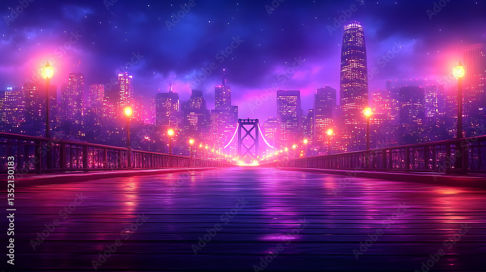 Fototapeta premium Night cityscape view from bridge, city skyline, neon lights, urban landscape, background for websites