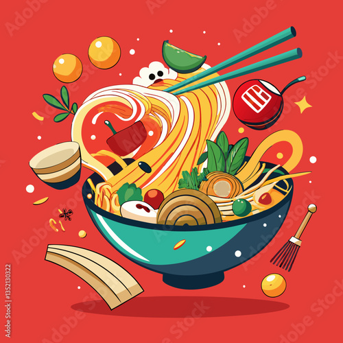 Flying asian food Wok pan or bowl with levitate noodles tossed cook ingredients japanese chinese meal hot noodle vegetable rice pasta oriental cookery neat illustration