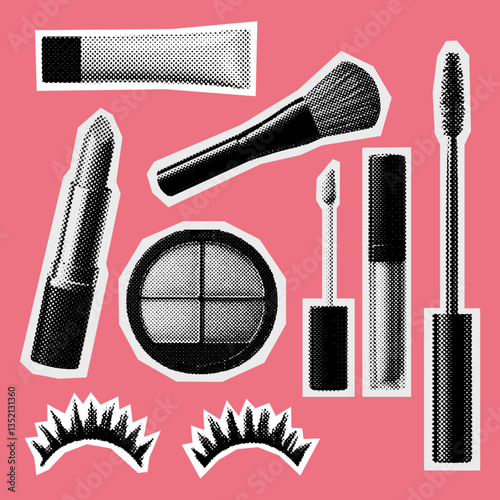 makeup collection, retro halftone photocopy effect set of objects, lipstick, eyeshadow palette, mascara, brush, lip gloss, foundation, eyelash extensions
