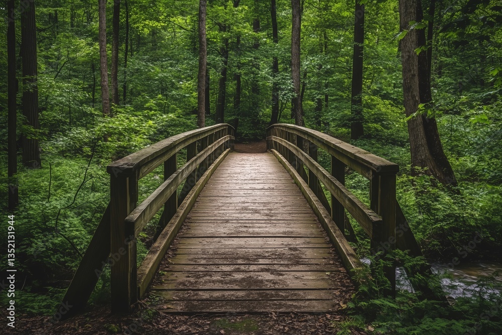 A serene wooden bridge stretches across a lush green forest, inviting explorers to discover the tranquility of nature and escape into the wild A serene wooden bridge stretches across a lush green forest, inviting explorers to discover the tranquility of nature and escape into the wild