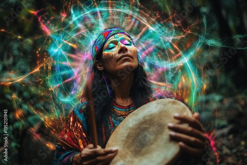 Mystical shaman woman performing ritual in forest with drum and vibrant energy