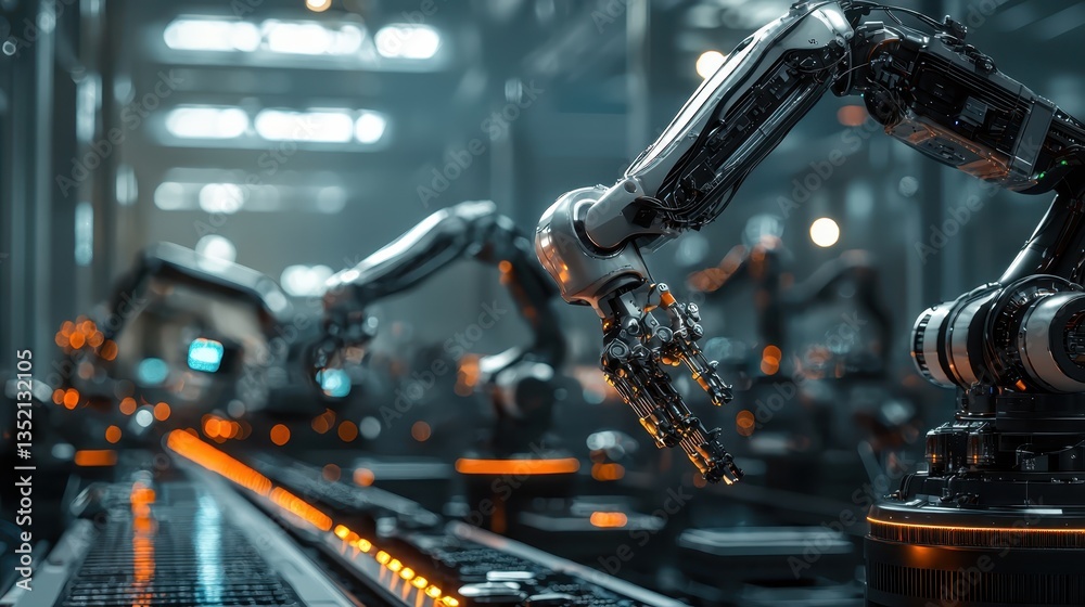 Robotic arms precisely working on a production line, showcasing the fusion of machinery and automated manufacturing processes in a modern factory. Robotic arms precisely working on a production line, showcasing the fusion of machinery and automated manufacturing processes in a modern factory.