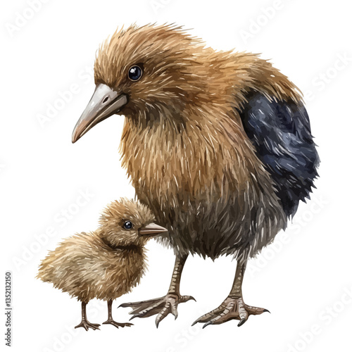 A watercolor vector painting of a mother kiwi with her kid, isolated on a white background. Mother kiwi vector.

