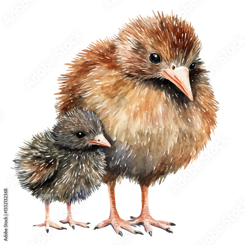 A watercolor vector painting of a mother kiwi with her kid, isolated on a white background. Mother kiwi vector.

