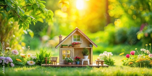 Fototapeta Naklejka Na Ścianę i Meble -  Cozy toy house with miniature furniture and flowers in a green garden background, toy houses, miniatures