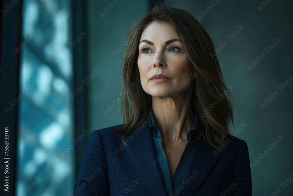 A confident businesswoman, thoughtfully gazing out a window, reflecting on her career and future. A confident businesswoman, thoughtfully gazing out a window, reflecting on her career and future.
