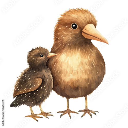 A watercolor vector painting of a mother kiwi with her kid, isolated on a white background. Mother kiwi vector.


