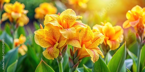 Lemon punch canna lily plant with saffron flowers in full bloom