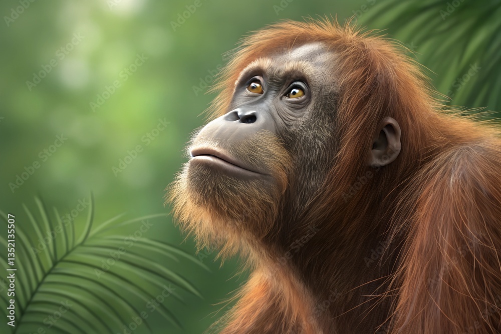Naklejka premium Bornean orangutan or Pongo pygmaeus sitting on a tree trunk. wildlife photography, close up of pongo. A captivating portrait of this intelligent and endangered primate.