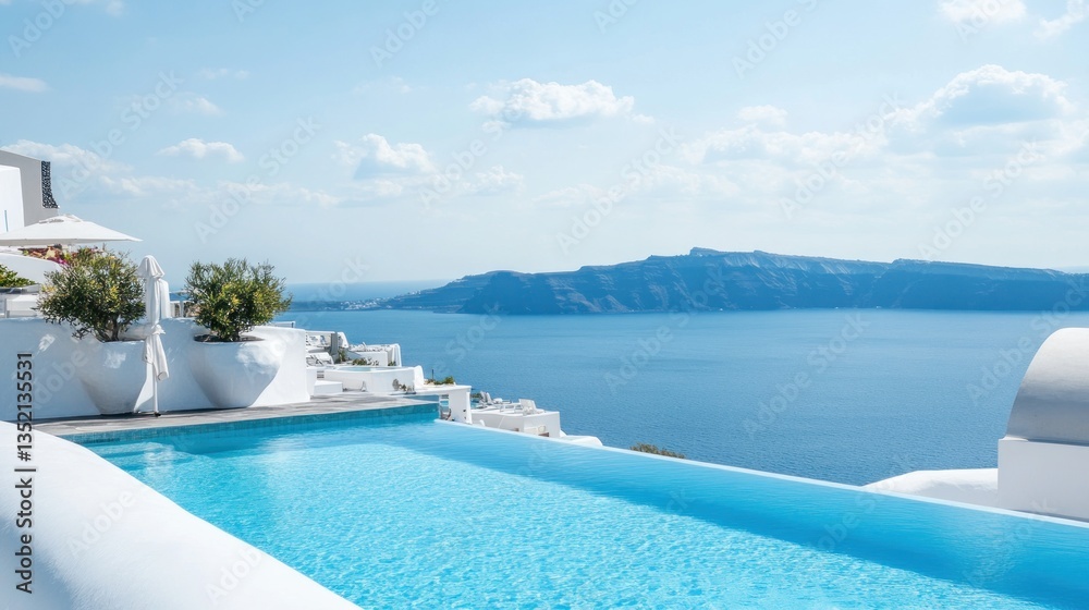 Fototapeta premium Luxury Infinity Pool Overlooking Aegean Sea in Santorini, Greece
