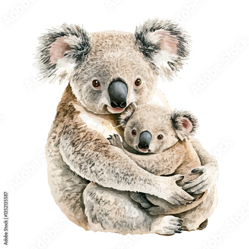 A watercolor vector painting of a mother koala with her kid, isolated on a white background. Mother koala vector.

