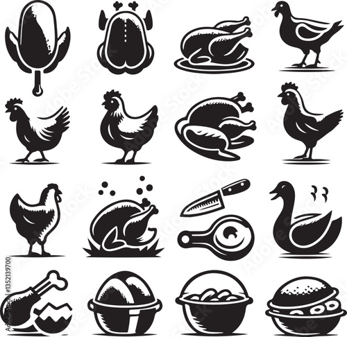 A cute set of chicken icons with cartoon illustrations in a seamless pattern, featuring chickens, ducks, hens, and roosters in a vector design, perfect for animal and farm-themed collections