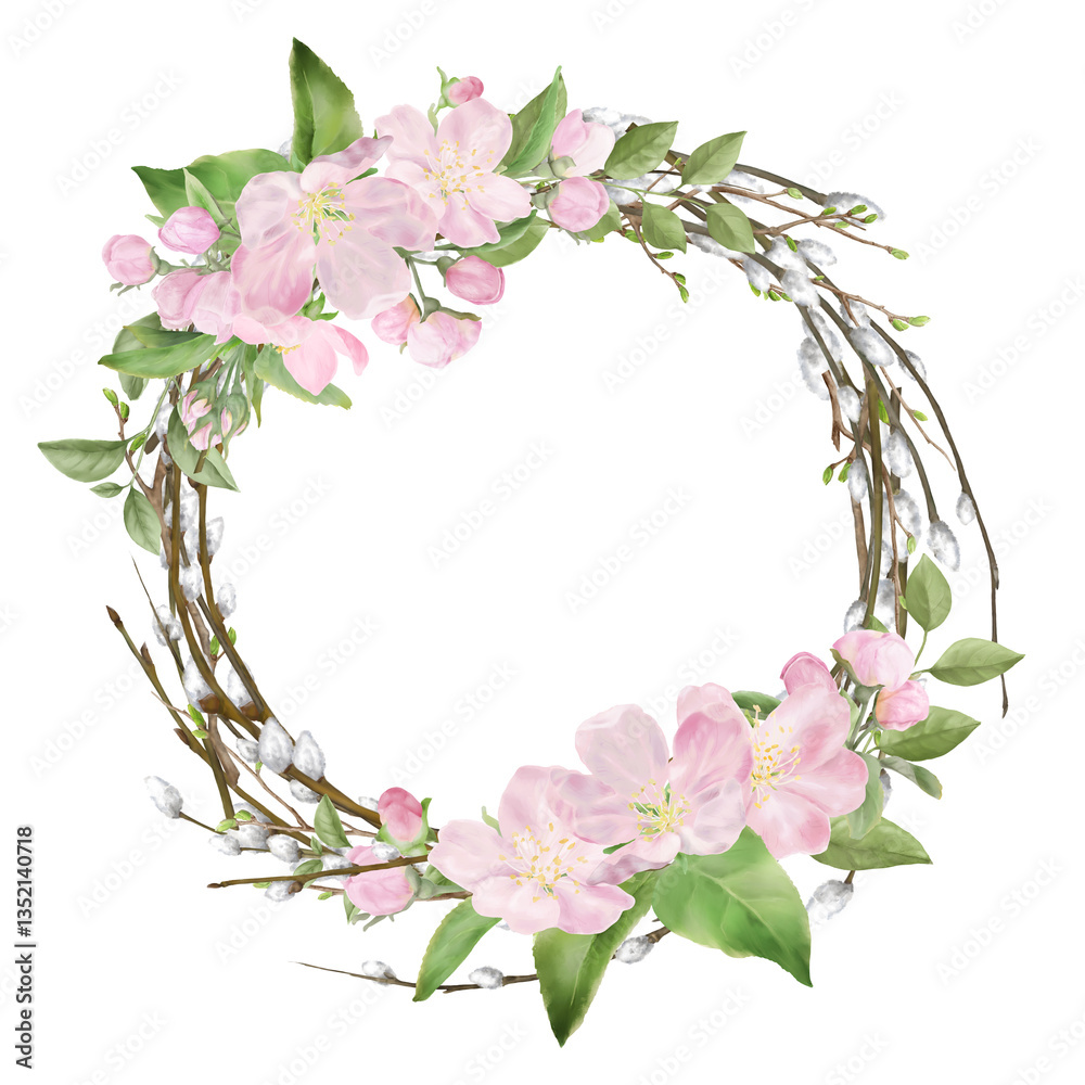 Obraz premium A wreath of spring pink flowers and willow twigs. Watercolor illustration in digital. Cherry blossoms and green petals on a round frame, isolated on a white background. Cherry Blossom Wreath
