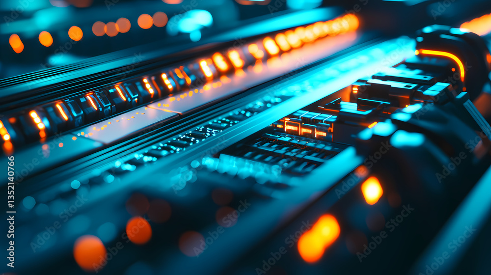 A close-up view of a high-tech control panel featuring illuminated buttons and intricate circuits in vibrant blue and orange hues. A close-up view of a high-tech control panel featuring illuminated buttons and intricate circuits in vibrant blue and orange hues.