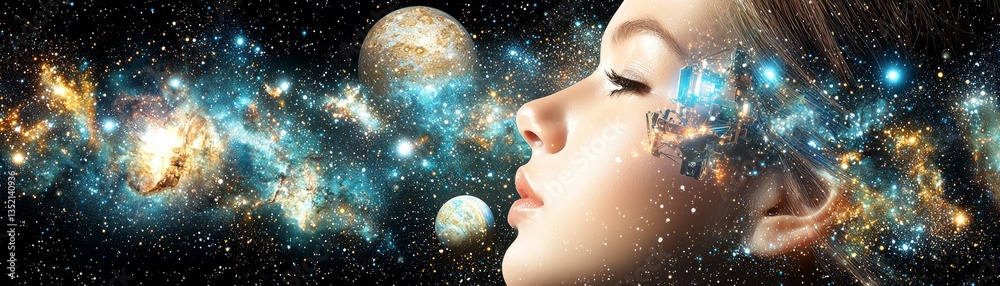 Naklejka premium Young astronaut exploring cosmic wonders in a flat design illustration digital art outer space artistic viewpoint