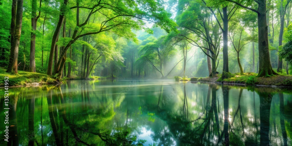 Obraz premium Misty forest glade with crystal-clear pool reflecting verdant canopy above, natural beauty