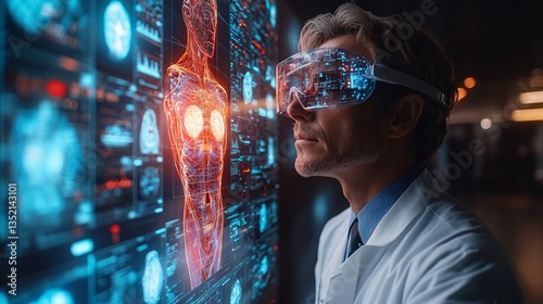 A cutting-edge medical laboratory where a physician, wearing AR glasses, 