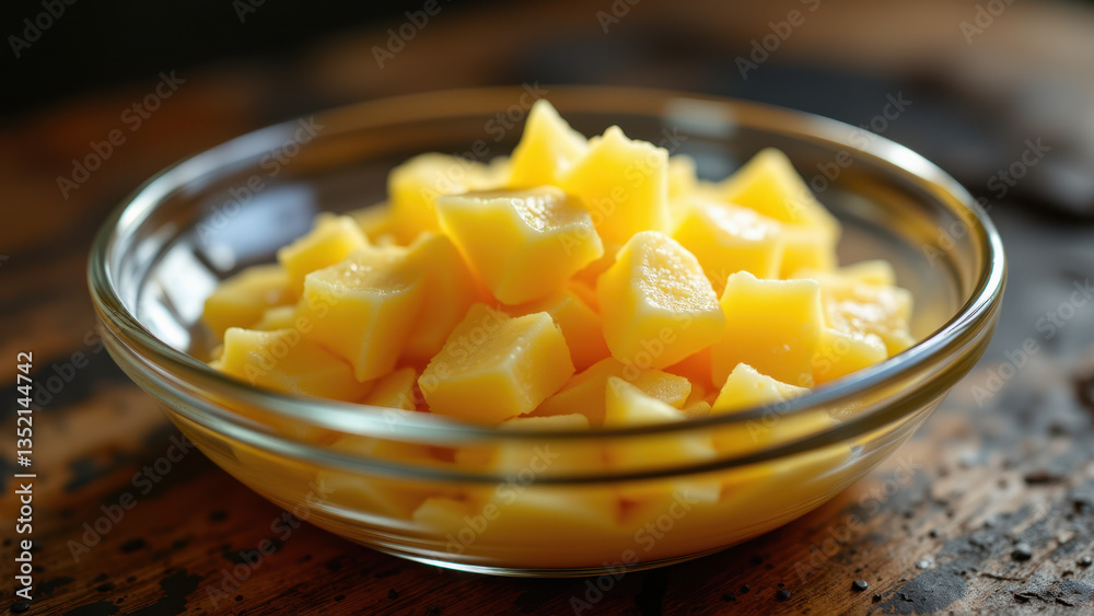 A bowl of cubed yellow cheese with a golden hue. A bowl of cubed yellow cheese with a golden hue.