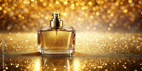 Luxurious perfume bottle with intricate gold glitter on a rich gold background, surrounded by subtle shine and reflective light effects, shimmering details, golden packaging