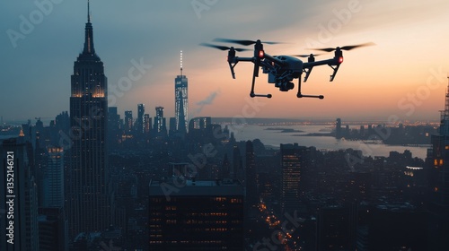Drone Flight Over New York City at Sunset