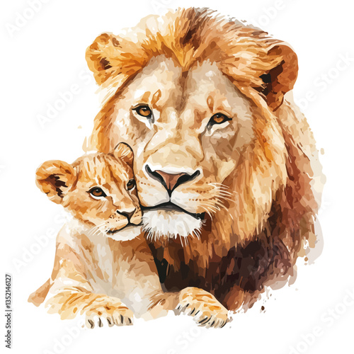 A watercolor vector painting of a mother lion with her kid, isolated on a white background. Mother lion vector.

