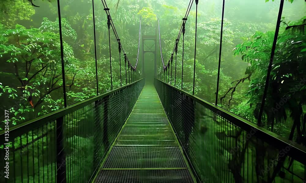 Misty rainforest bridge walkway, lush canopy, adventure travel