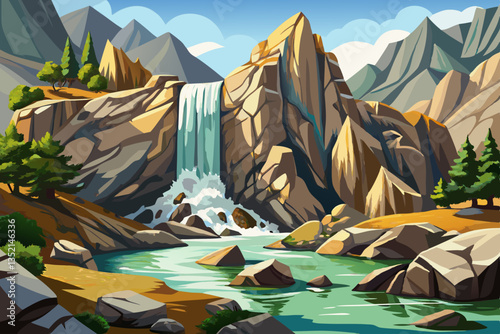 waterfall in tropical rocky island forest with mountains cartoon