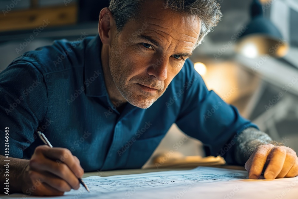 A focused mature man meticulously reviewing blueprints, showcasing intense concentration and precision. A focused mature man meticulously reviewing blueprints, showcasing intense concentration and precision.