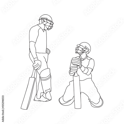 Dynamic Cricket Sport, One Line Drawing of Cricketer in Action. Two batsman line drawing illustration. hand drawn continuous one line cartoon doodle sketch drawing clip art of cricketer. Partnership
