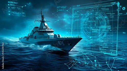 Digital Rendering of a Naval Ship in High-Tech Ocean Environment