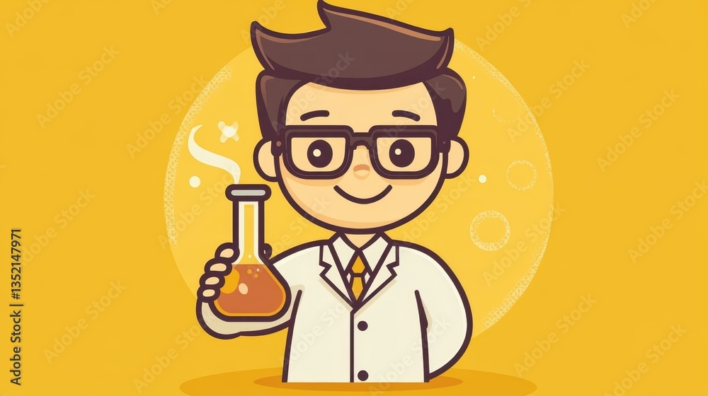 A smiling scientist holding a flask with chemicals for an experiment A smiling scientist holding a flask with chemicals for an experiment