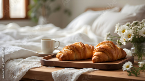 A cozy breakfast scene in bed with a cup of coffee and fresh French croissants, offering a peaceful and relaxing morning moment