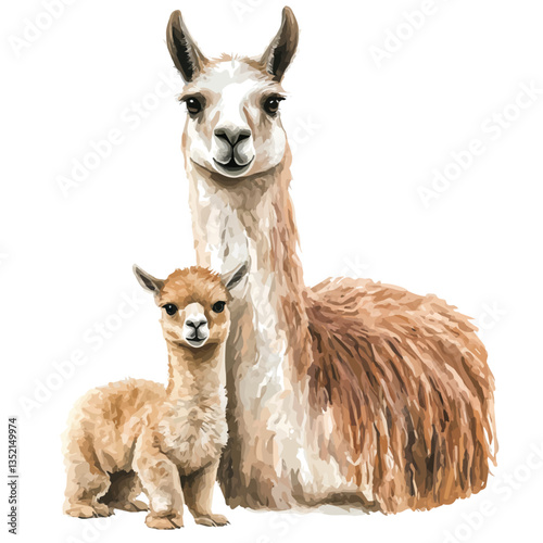 A watercolor vector painting of a mother llama with her kid, isolated on a white background. Mother llama vector.

