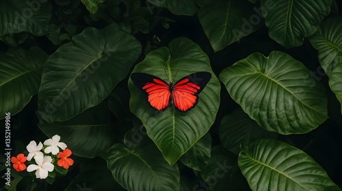Red Butterfly on Large Jungle Leaf
