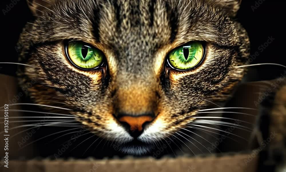 Curious tabby cat peering from cardboard box, dark background, pet portrait, website banner Curious tabby cat peering from cardboard box, dark background, pet portrait, website banner