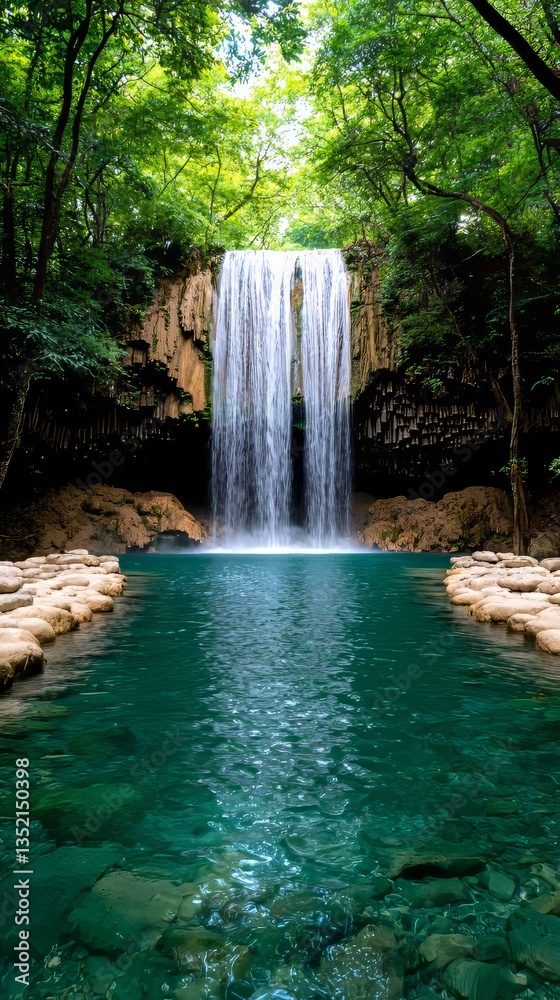 Fototapeta premium Serene Waterfall Cascading into Crystal Clear Pool Lush Forest Nature Photography Tranquil Environment Wide Angle View