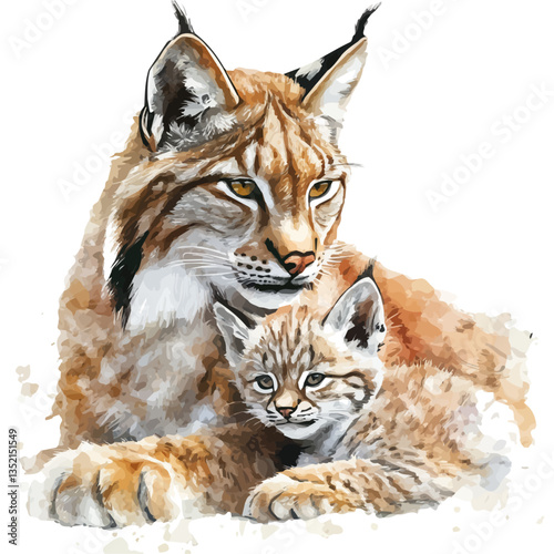 A watercolor vector painting of a mother lynx with her kid, isolated on a white background. Mother lynx vector.

