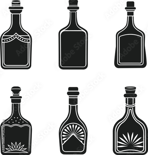 Tequila Bottle Silhouette Set - Black Vector Icons of Liquor Bottles